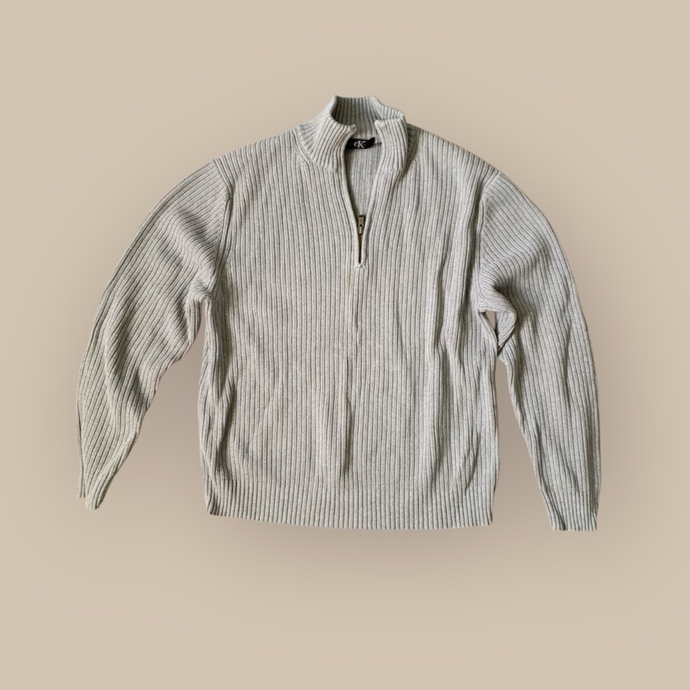 Womens Calvin Klein ribbed knit Quarter-Zip Ribbed Sweater - Light Gray